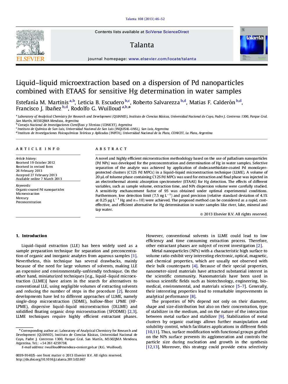 Liquid-liquid microextraction based on a dispersion of Pd nanoparticles combined with ETAAS for sensitive Hg determination in water samples