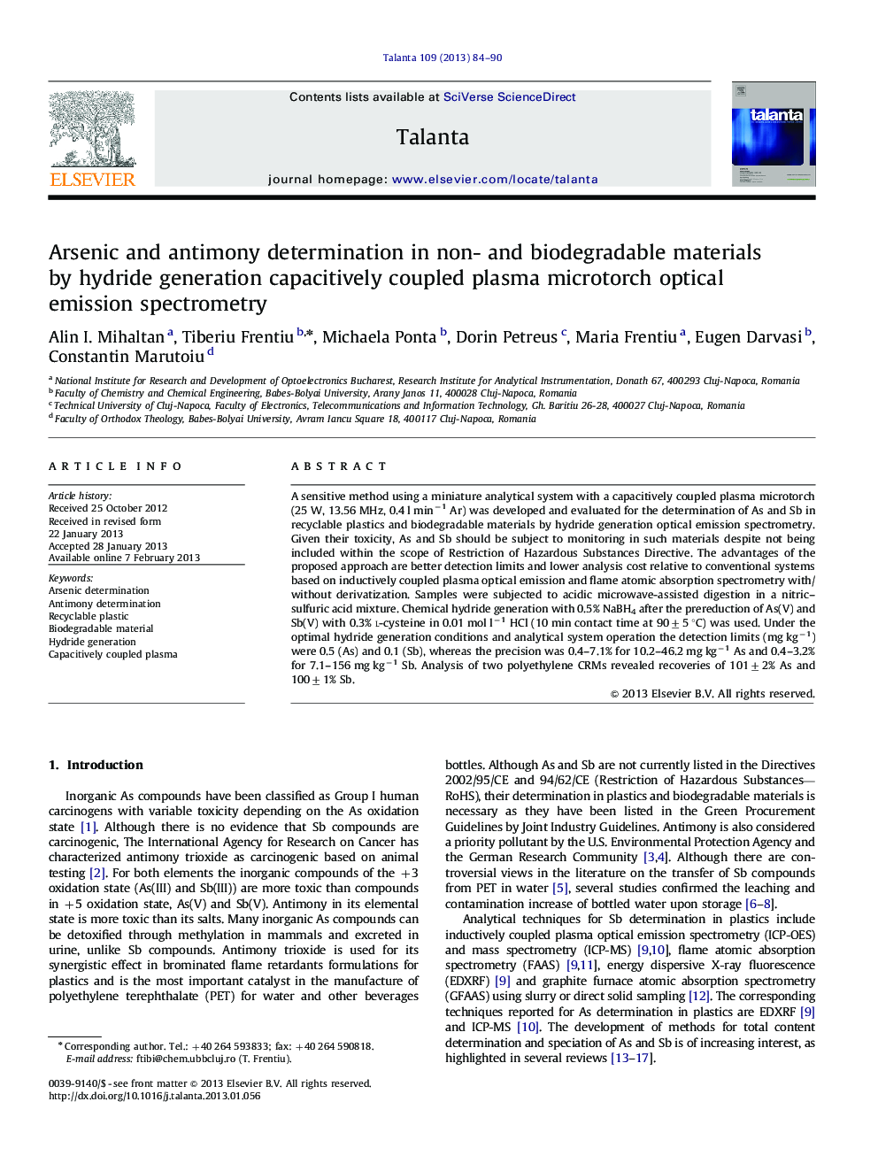 Arsenic and antimony determination in non- and biodegradable materials by hydride generation capacitively coupled plasma microtorch optical emission spectrometry