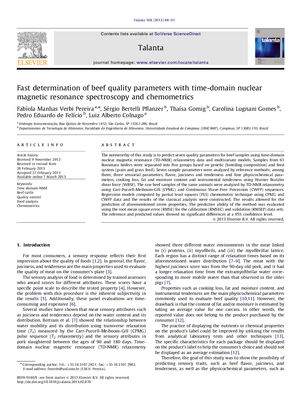 Fast determination of beef quality parameters with time-domain nuclear magnetic resonance spectroscopy and chemometrics