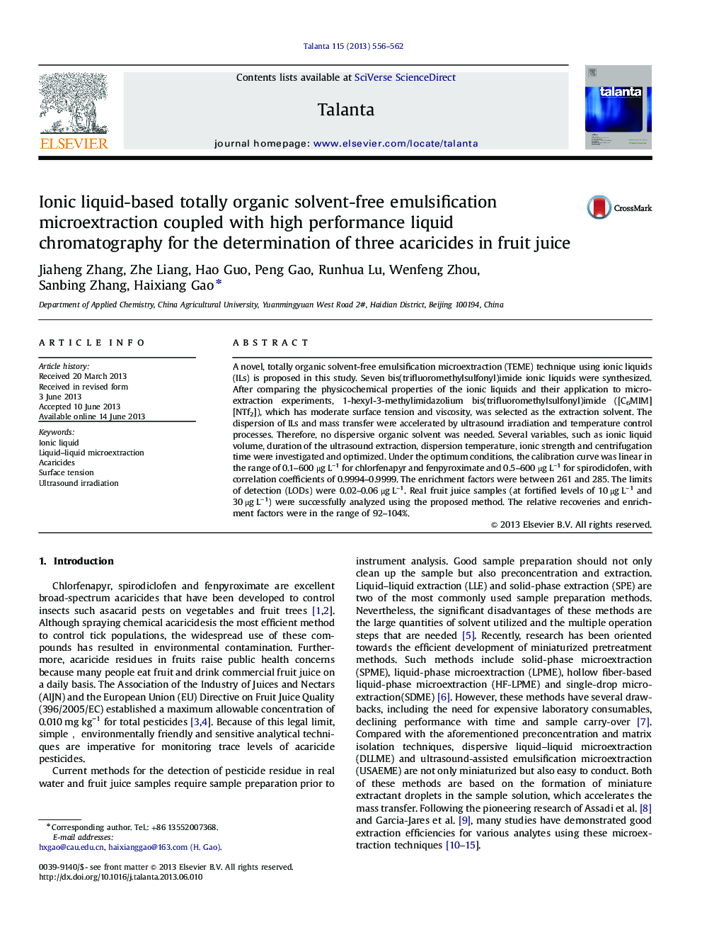 Ionic liquid-based totally organic solvent-free emulsification microextraction coupled with high performance liquid chromatography for the determination of three acaricides in fruit juice