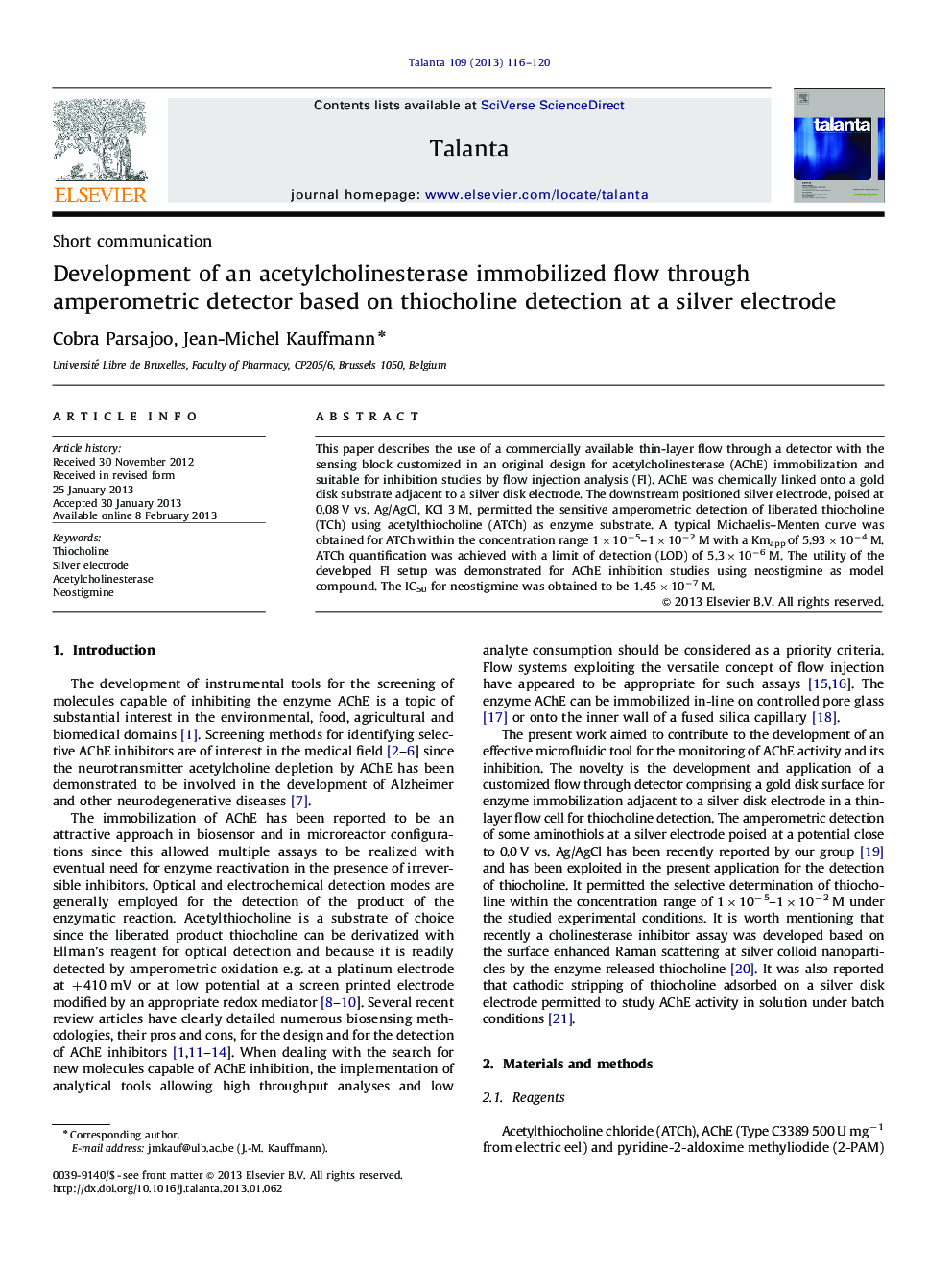 Development of an acetylcholinesterase immobilized flow through amperometric detector based on thiocholine detection at a silver electrode