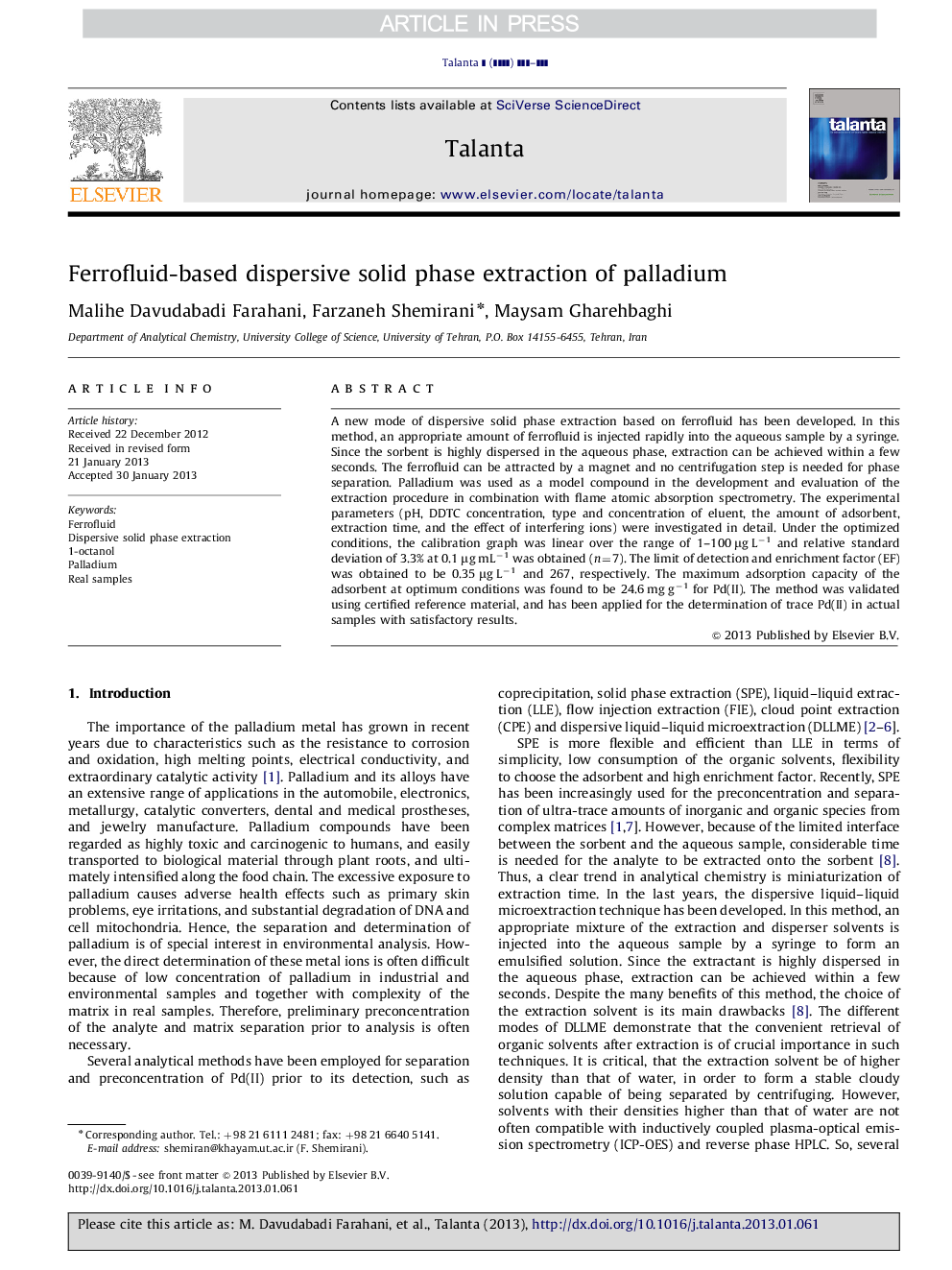 Ferrofluid-based dispersive solid phase extraction of palladium