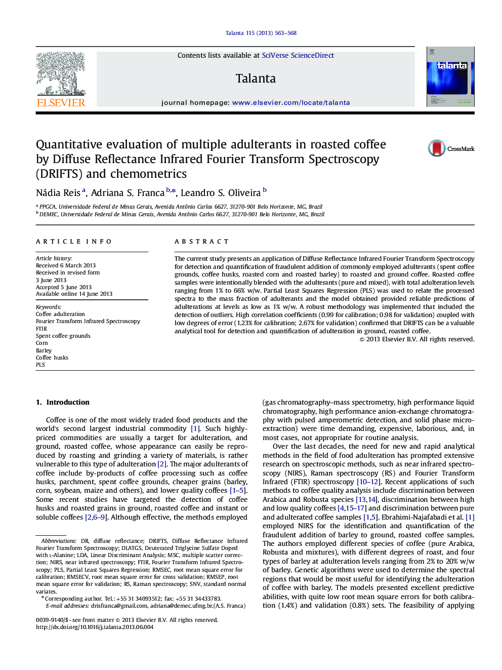 Quantitative evaluation of multiple adulterants in roasted coffee by Diffuse Reflectance Infrared Fourier Transform Spectroscopy (DRIFTS) and chemometrics