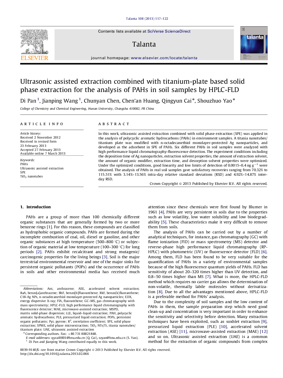 Ultrasonic assisted extraction combined with titanium-plate based solid phase extraction for the analysis of PAHs in soil samples by HPLC-FLD