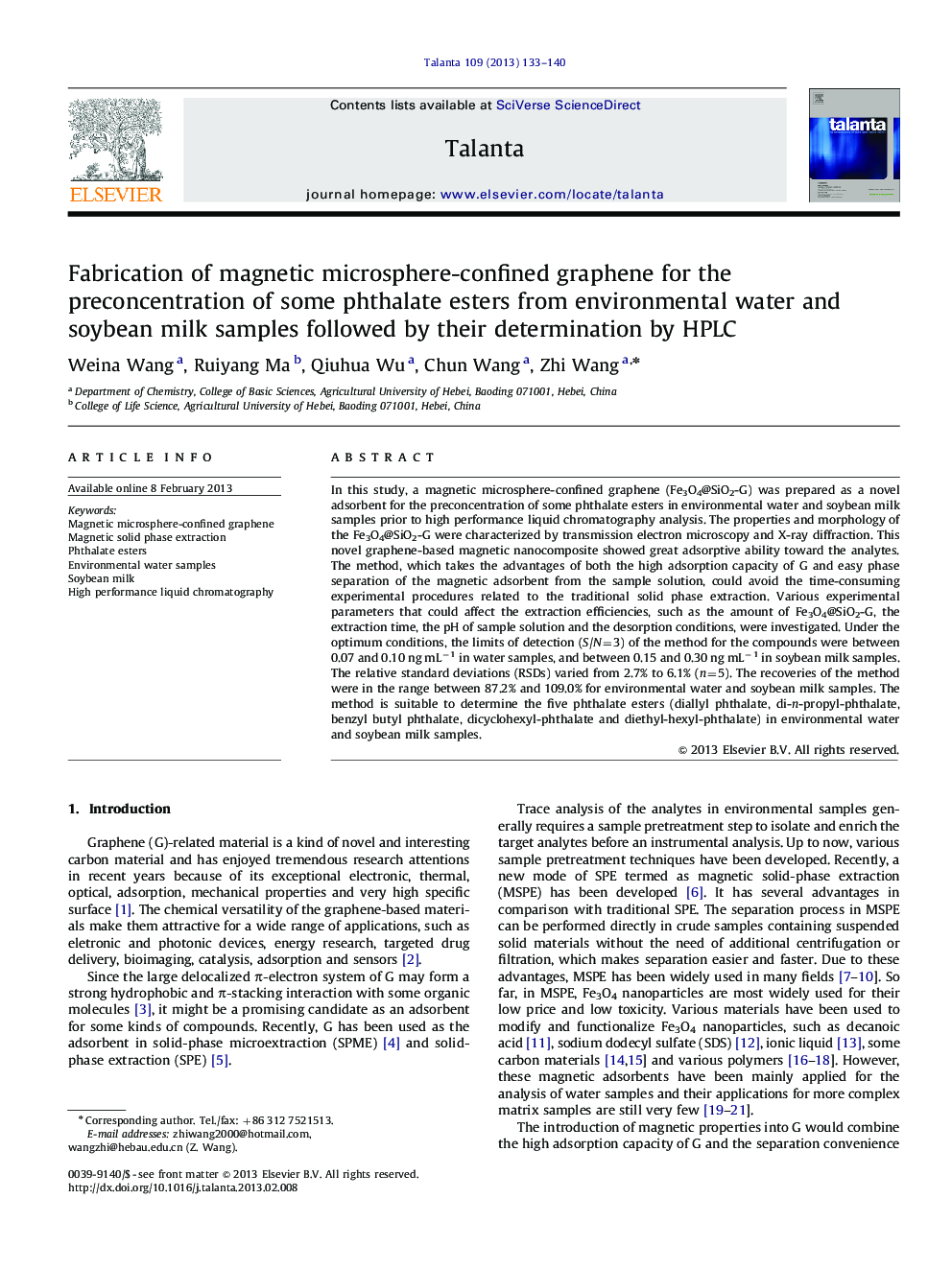 Fabrication of magnetic microsphere-confined graphene for the preconcentration of some phthalate esters from environmental water and soybean milk samples followed by their determination by HPLC