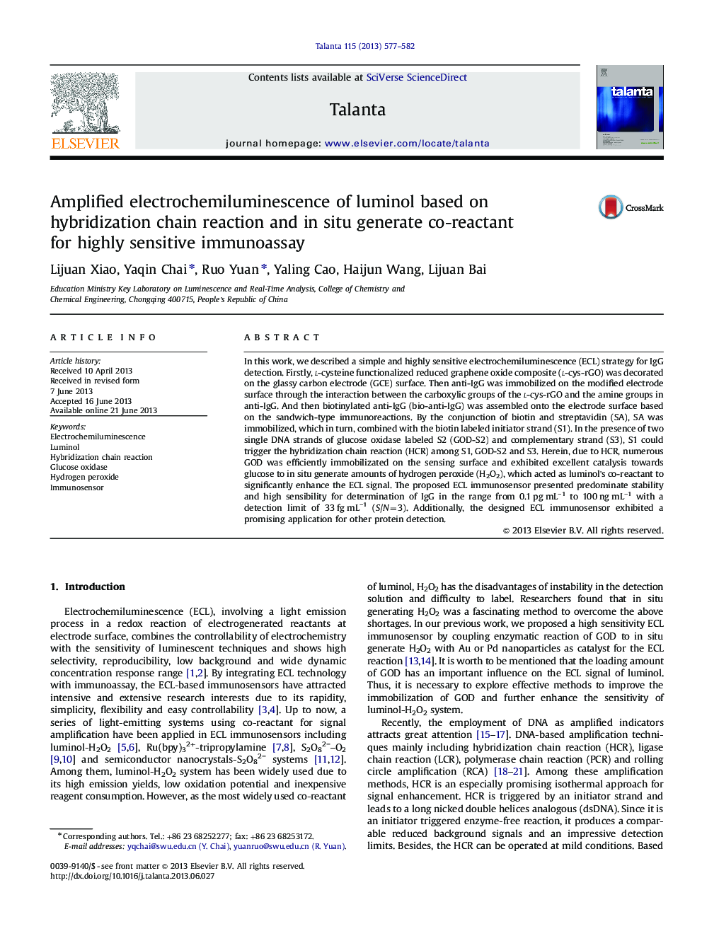 Amplified electrochemiluminescence of luminol based on hybridization chain reaction and in situ generate co-reactant for highly sensitive immunoassay