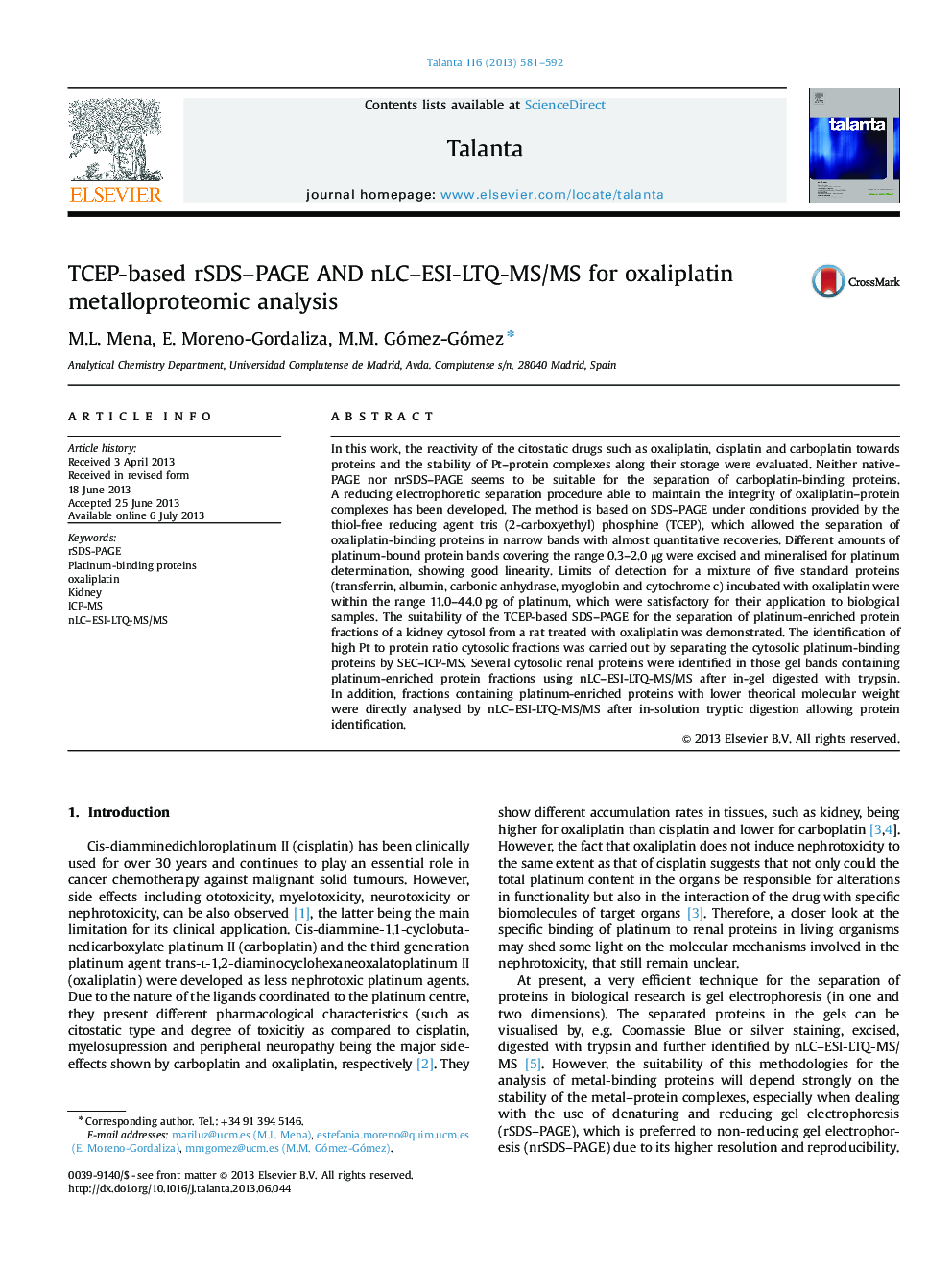 TCEP-based rSDS-PAGE AND nLC-ESI-LTQ-MS/MS for oxaliplatin metalloproteomic analysis