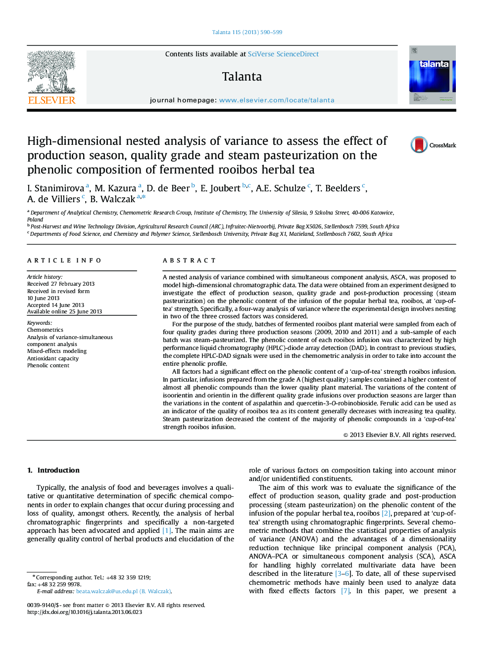 High-dimensional nested analysis of variance to assess the effect of production season, quality grade and steam pasteurization on the phenolic composition of fermented rooibos herbal tea