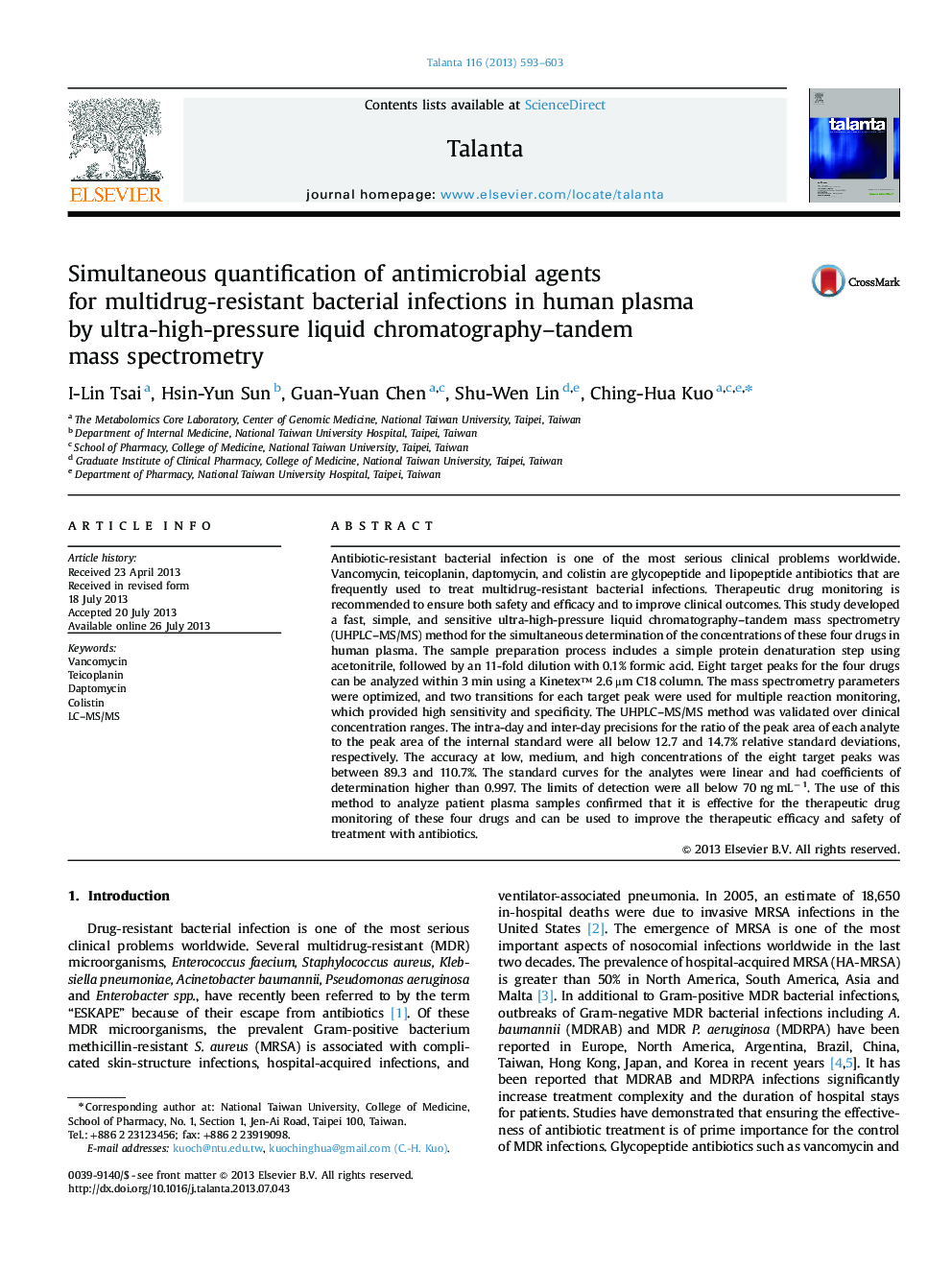 Simultaneous quantification of antimicrobial agents for multidrug-resistant bacterial infections in human plasma by ultra-high-pressure liquid chromatography-tandem mass spectrometry