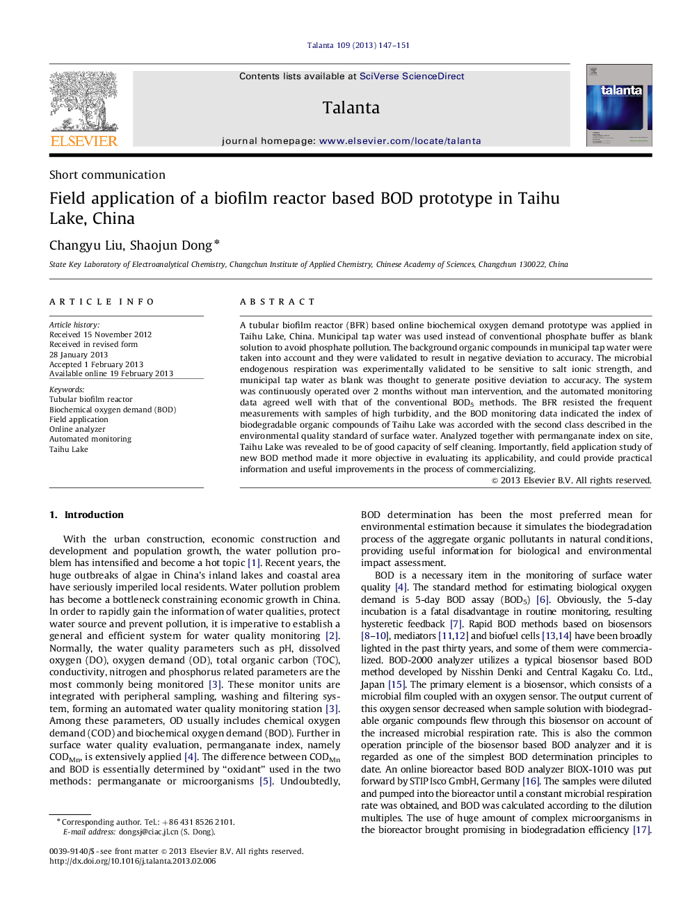 Field application of a biofilm reactor based BOD prototype in Taihu Lake, China