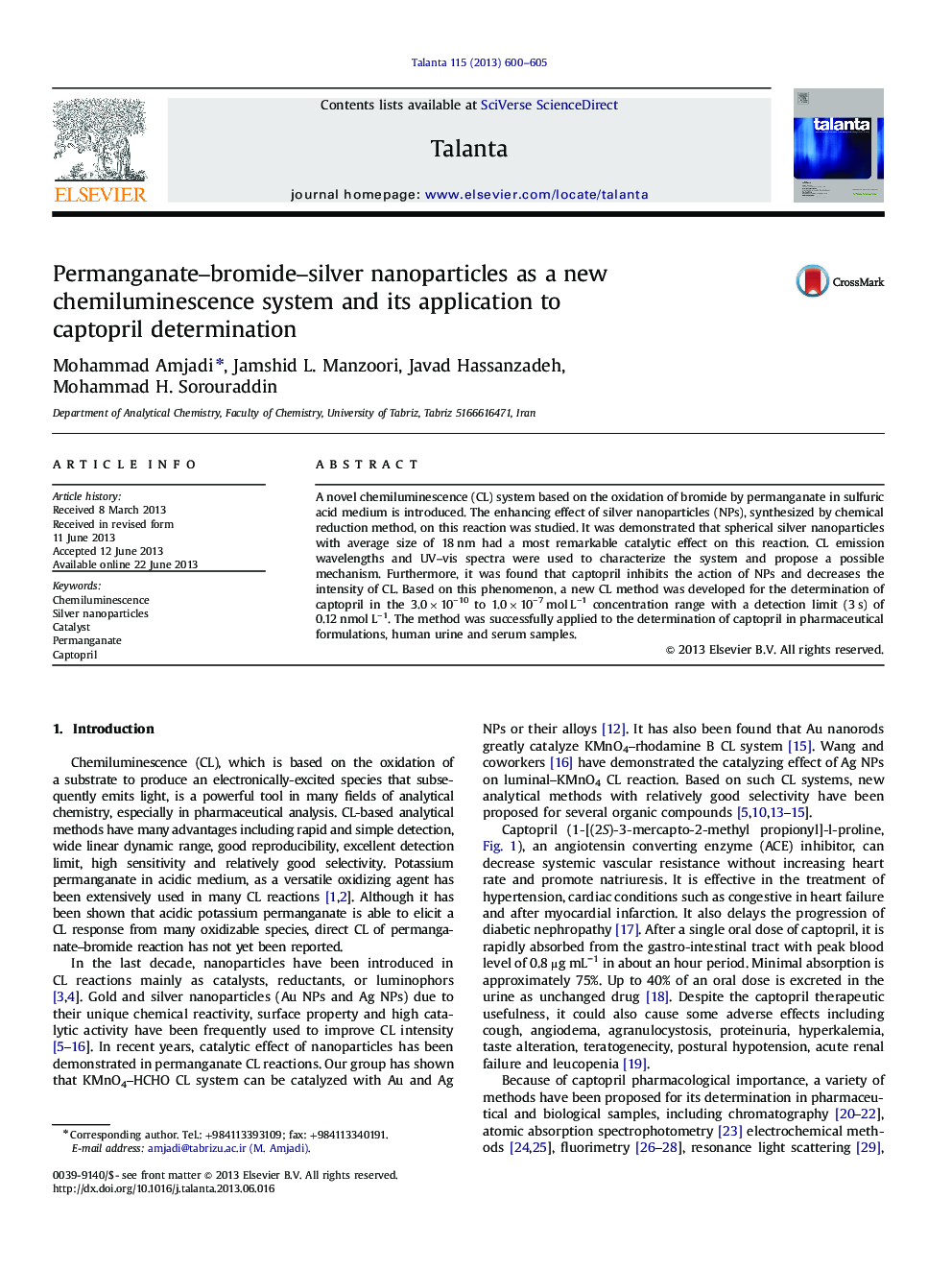 Permanganate-bromide-silver nanoparticles as a new chemiluminescence system and its application to captopril determination