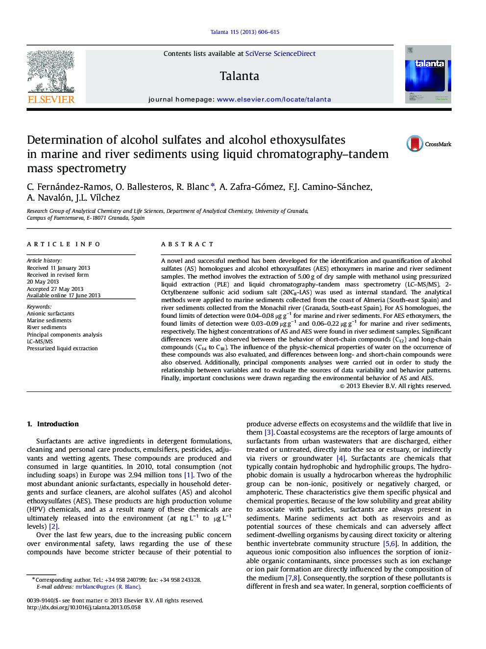 Determination of alcohol sulfates and alcohol ethoxysulfates in marine and river sediments using liquid chromatography-tandem mass spectrometry