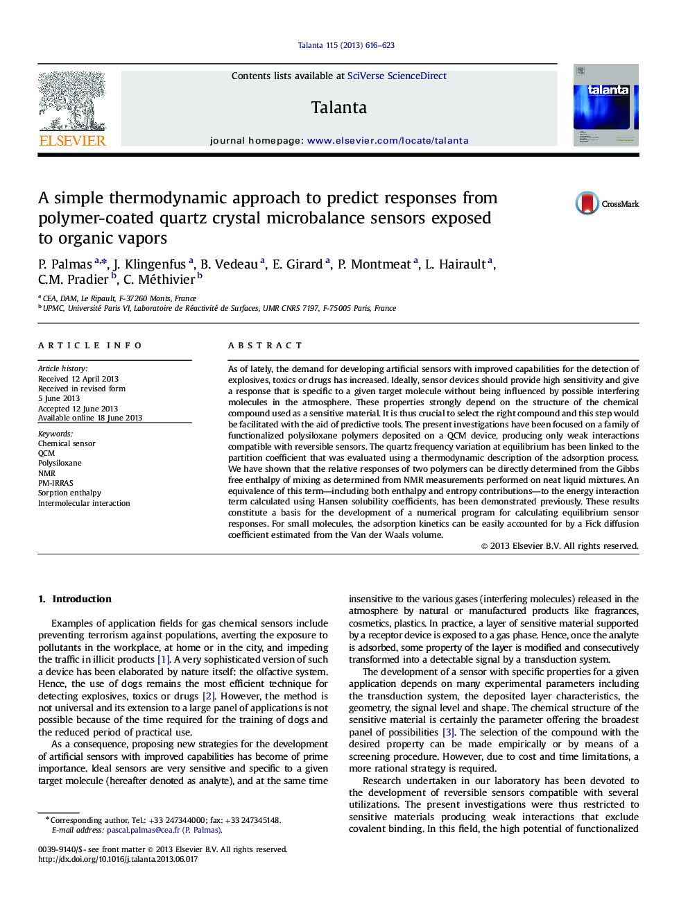 A simple thermodynamic approach to predict responses from polymer-coated quartz crystal microbalance sensors exposed to organic vapors