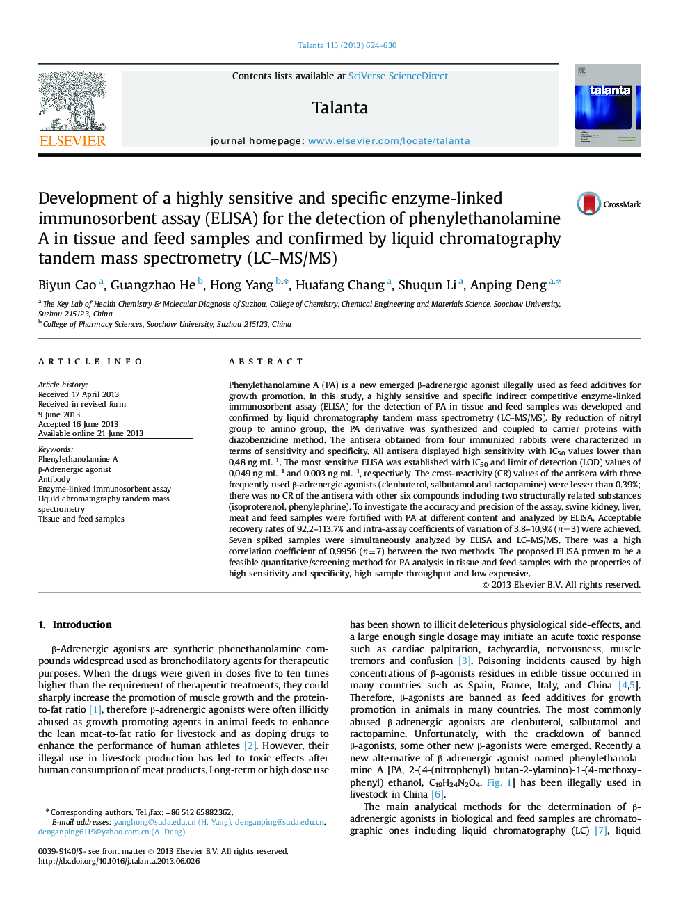 Development of a highly sensitive and specific enzyme-linked immunosorbent assay (ELISA) for the detection of phenylethanolamine A in tissue and feed samples and confirmed by liquid chromatography tandem mass spectrometry (LC-MS/MS)