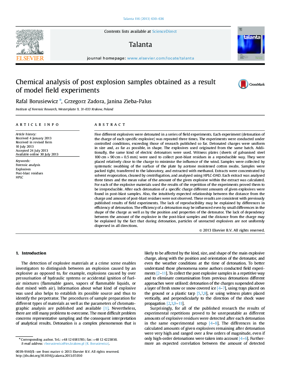 Chemical analysis of post explosion samples obtained as a result of model field experiments