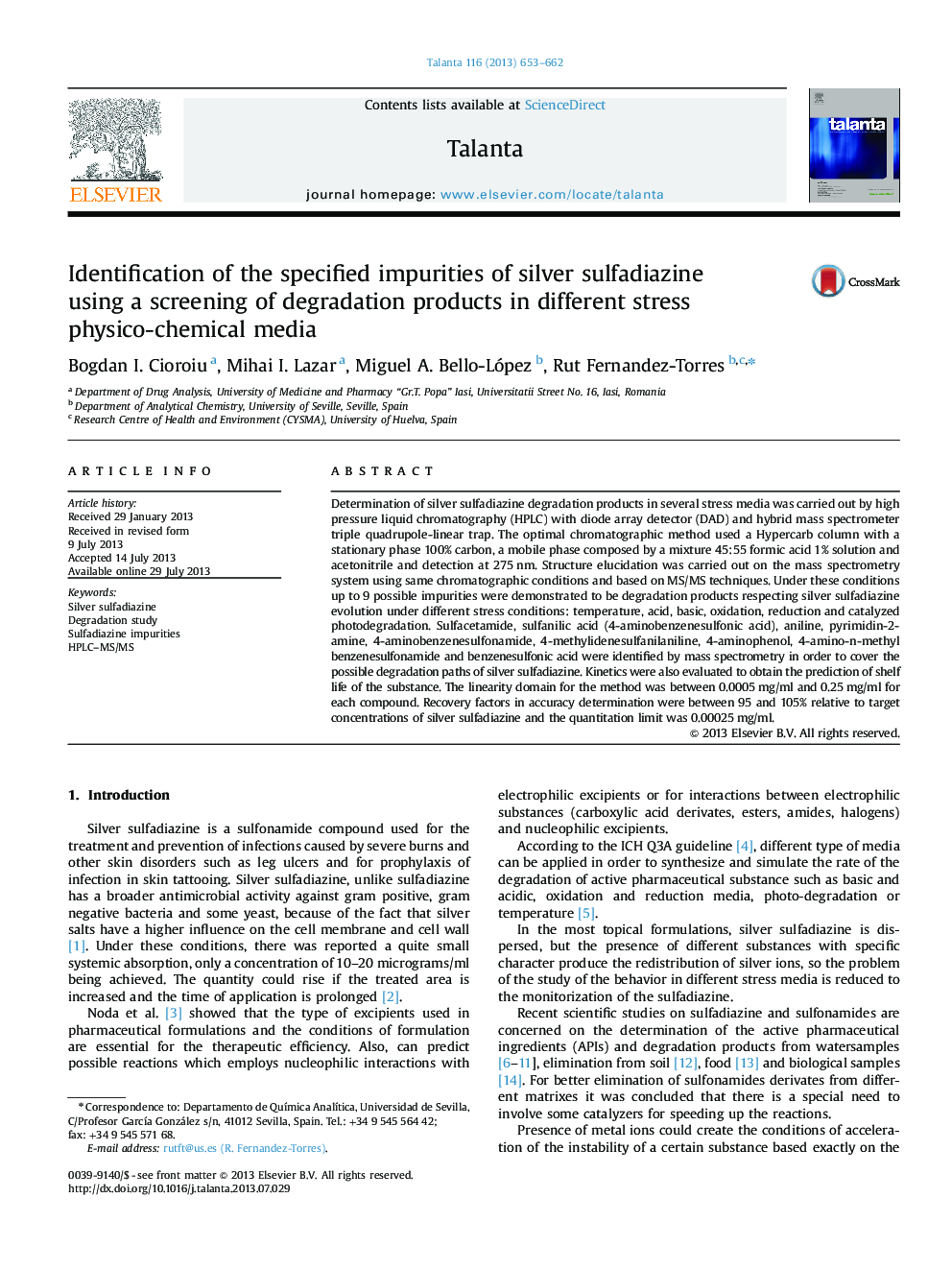 Identification of the specified impurities of silver sulfadiazine using a screening of degradation products in different stress physico-chemical media