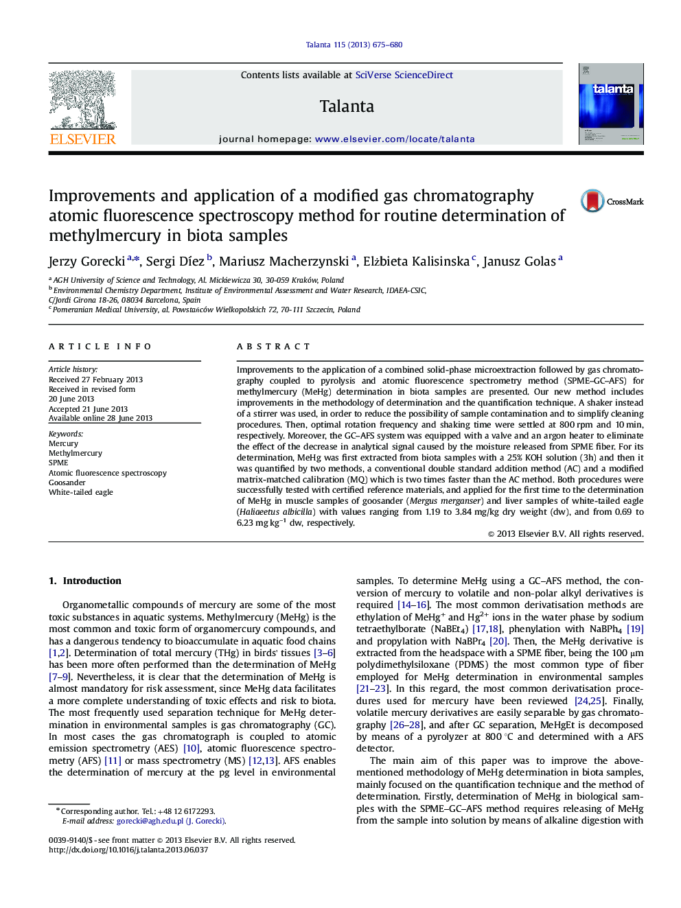 Improvements and application of a modified gas chromatography atomic fluorescence spectroscopy method for routine determination of methylmercury in biota samples