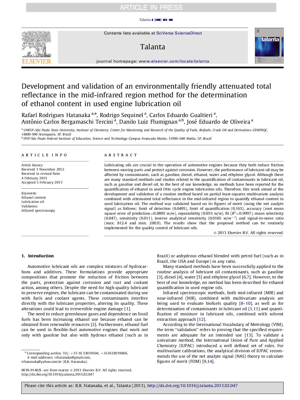 Development and validation of an environmentally friendly attenuated total reflectance in the mid-infrared region method for the determination of ethanol content in used engine lubrication oil