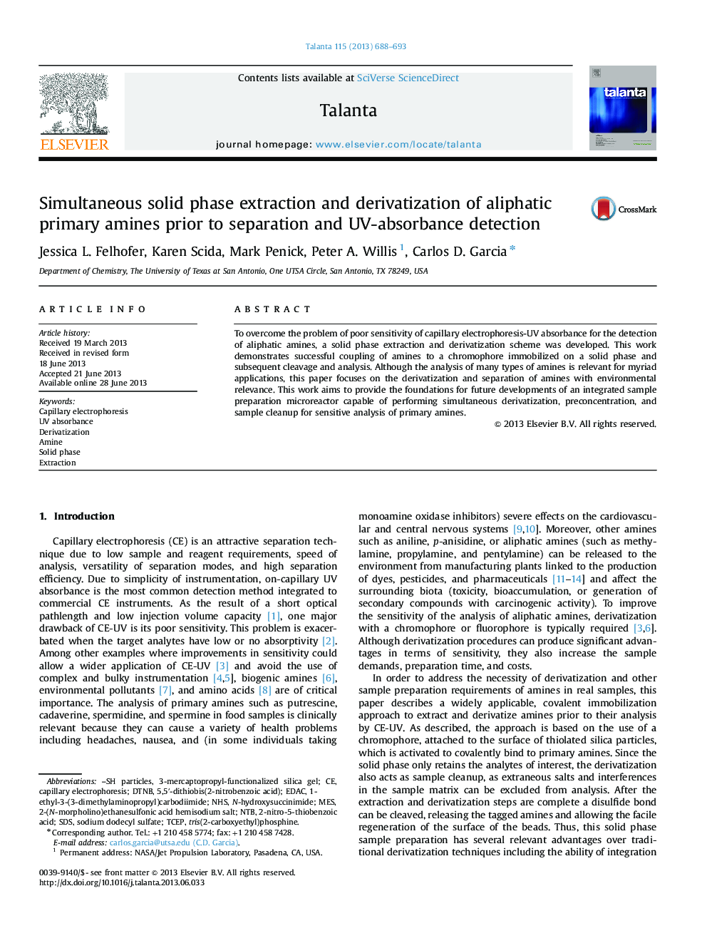 Simultaneous solid phase extraction and derivatization of aliphatic primary amines prior to separation and UV-absorbance detection