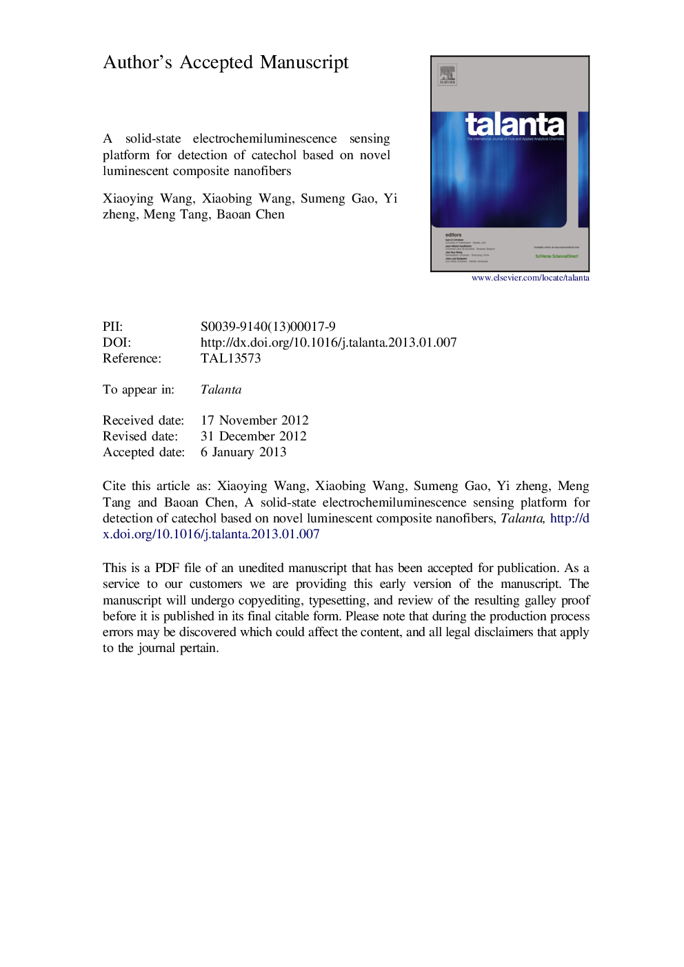 A solid-state electrochemiluminescence sensing platform for detection of catechol based on novel luminescent composite nanofibers