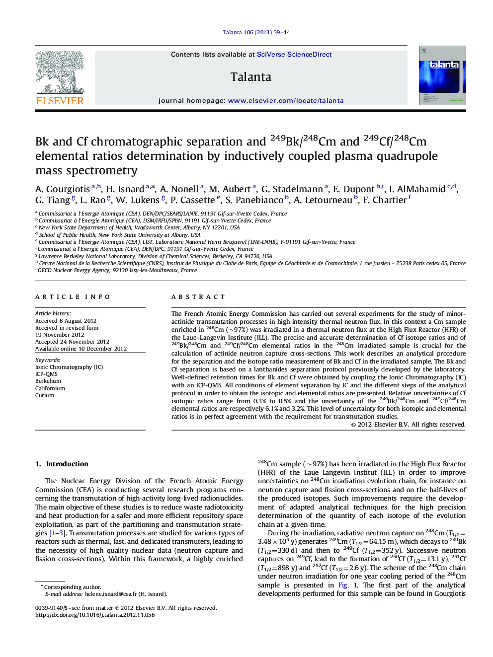 Bk and Cf chromatographic separation and 249Bk/248Cm and 249Cf/248Cm elemental ratios determination by inductively coupled plasma quadrupole mass spectrometry