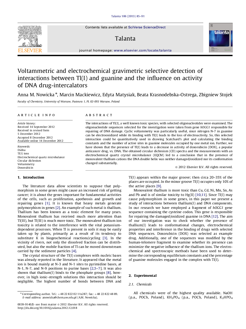 Voltammetric and electrochemical gravimetric selective detection of interactions between Tl(I) and guanine and the influence on activity of DNA drug-intercalators