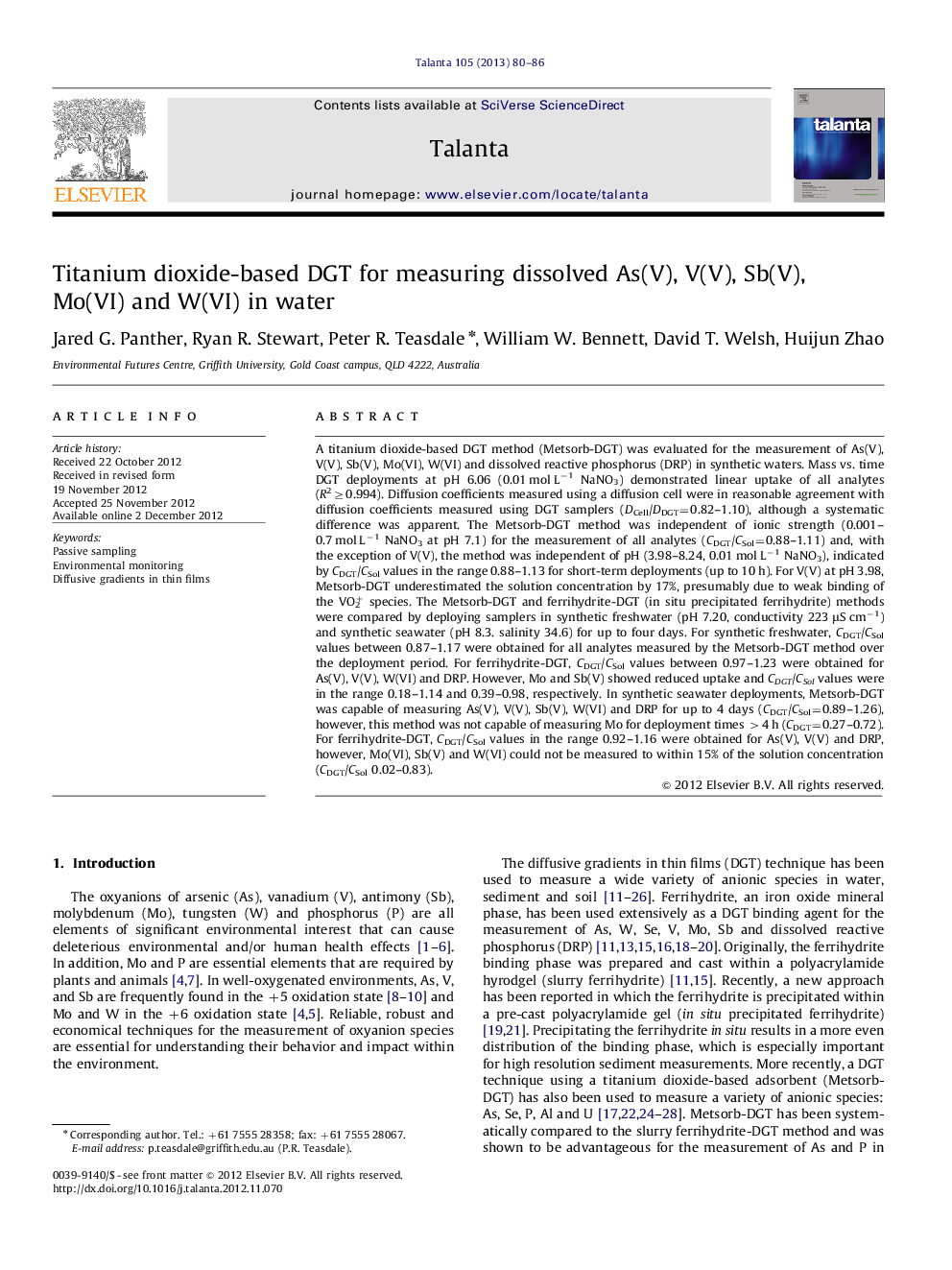 Titanium dioxide-based DGT for measuring dissolved As(V), V(V), Sb(V), Mo(VI) and W(VI) in water