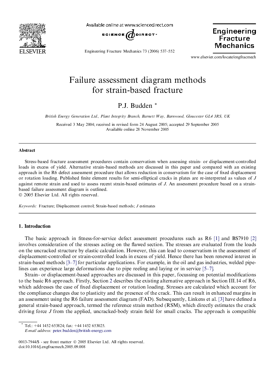 Failure assessment diagram methods for strain-based fracture