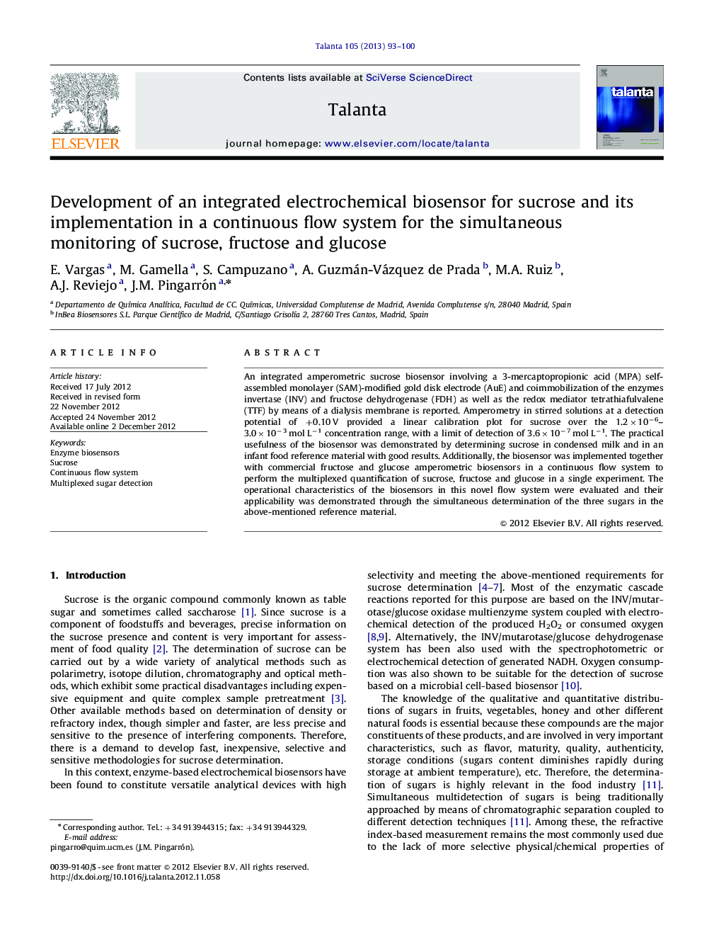 Development of an integrated electrochemical biosensor for sucrose and its implementation in a continuous flow system for the simultaneous monitoring of sucrose, fructose and glucose