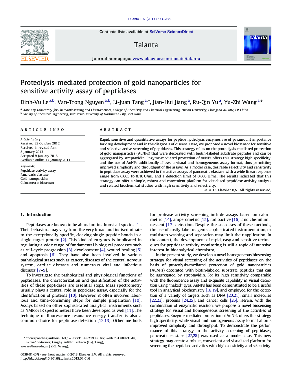 Proteolysis-mediated protection of gold nanoparticles for sensitive activity assay of peptidases