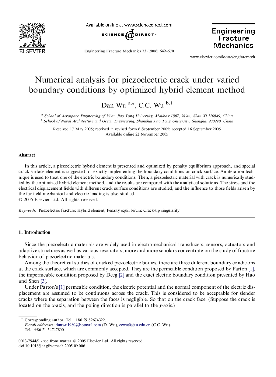 Numerical analysis for piezoelectric crack under varied boundary conditions by optimized hybrid element method