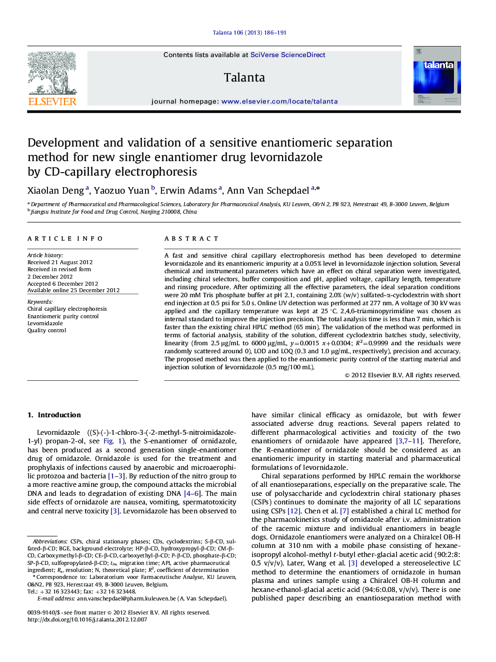 Development and validation of a sensitive enantiomeric separation method for new single enantiomer drug levornidazole by CD-capillary electrophoresis
