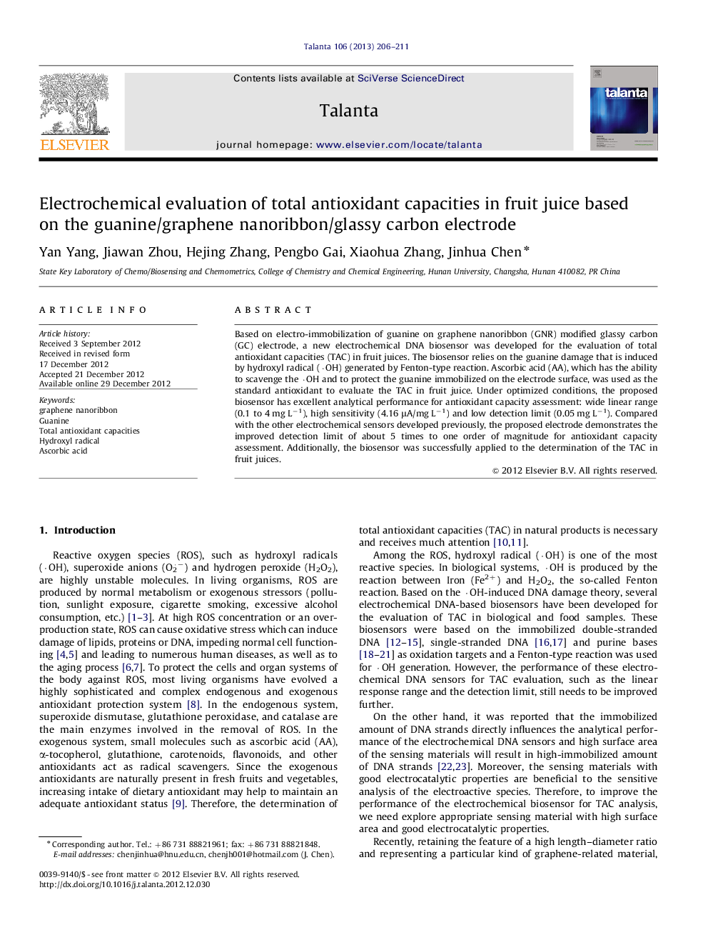 Electrochemical evaluation of total antioxidant capacities in fruit juice based on the guanine/graphene nanoribbon/glassy carbon electrode