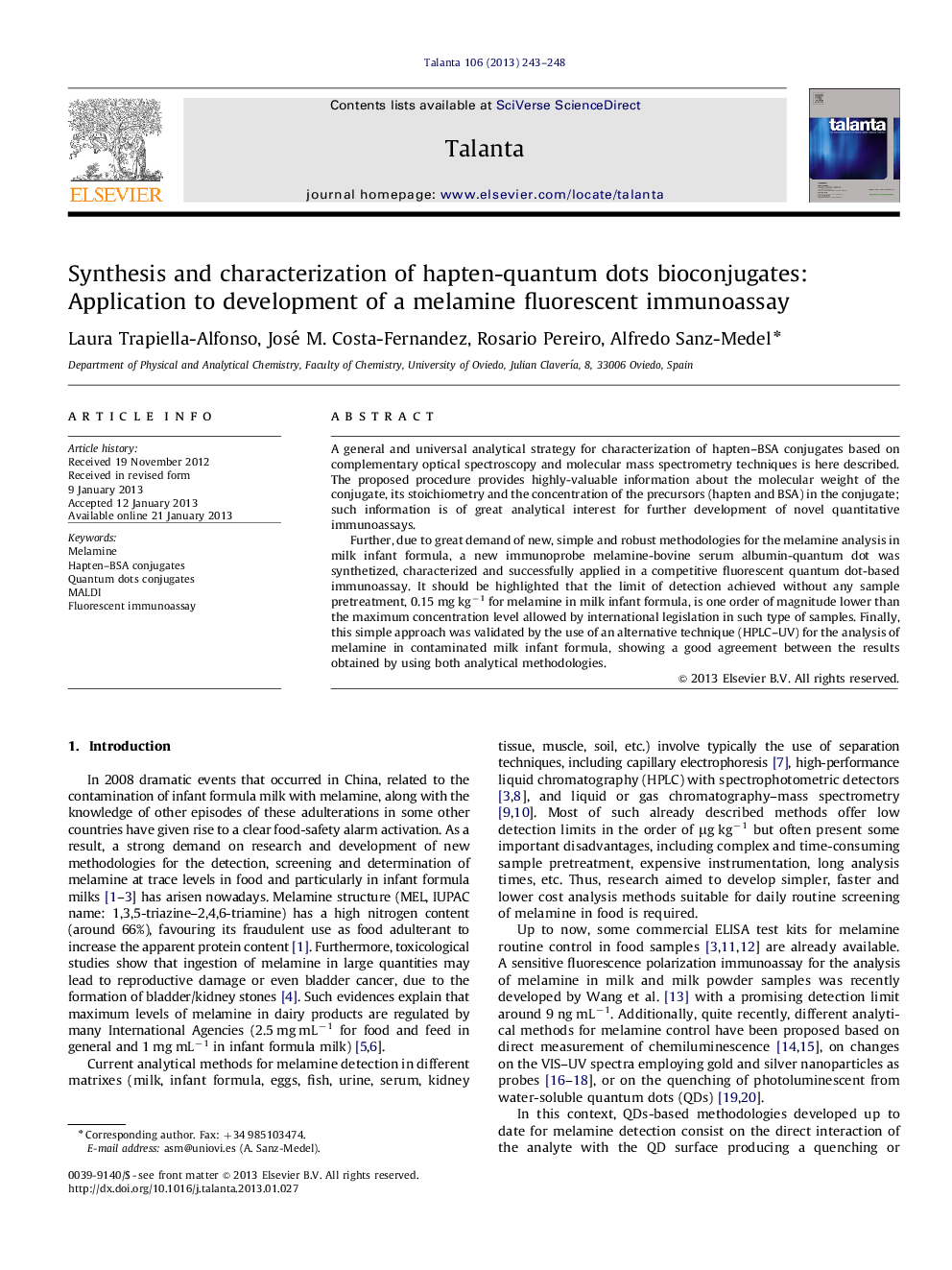 Synthesis and characterization of hapten-quantum dots bioconjugates: Application to development of a melamine fluorescentimmunoassay