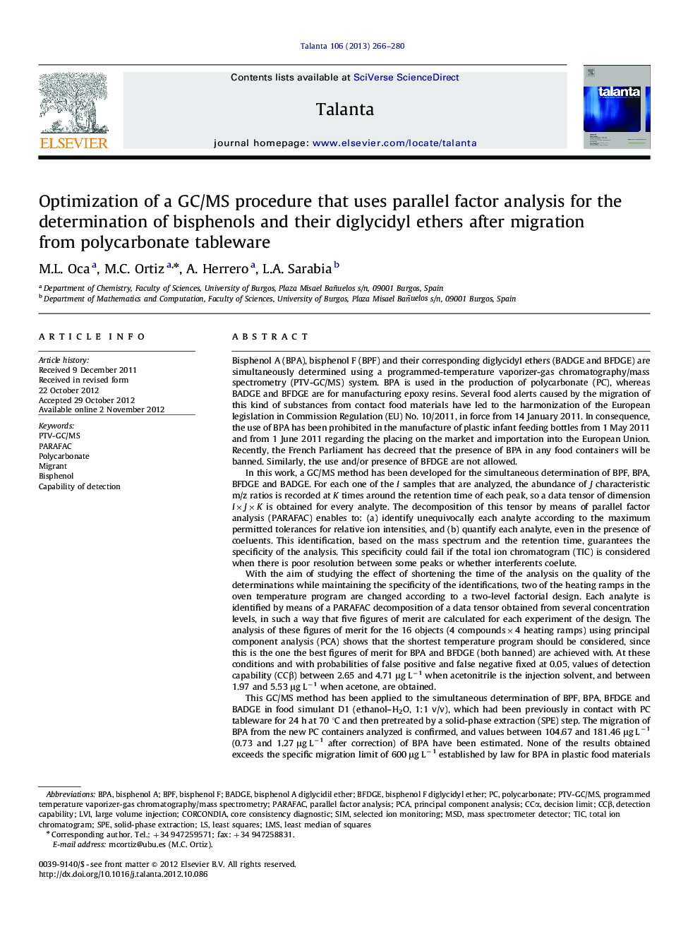 Optimization of a GC/MS procedure that uses parallel factor analysis for the determination of bisphenols and their diglycidyl ethers after migration from polycarbonate tableware