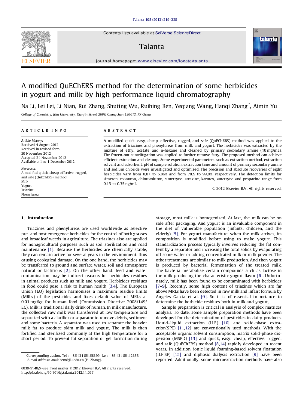 A modified QuEChERS method for the determination of some herbicides in yogurt and milk by high performance liquid chromatography