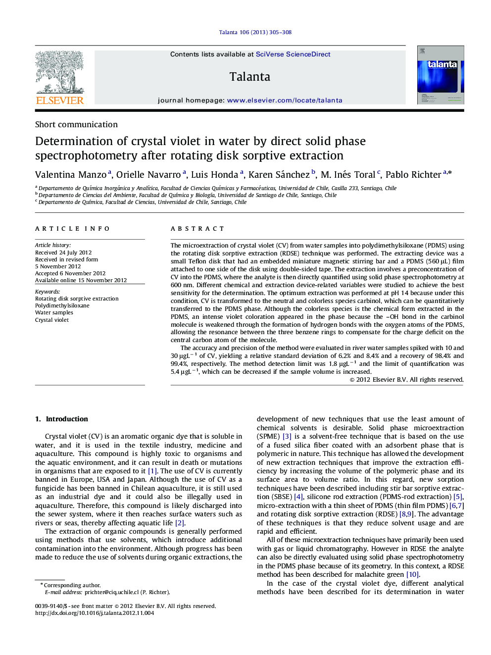 Determination of crystal violet in water by direct solid phase spectrophotometry after rotating disk sorptive extraction