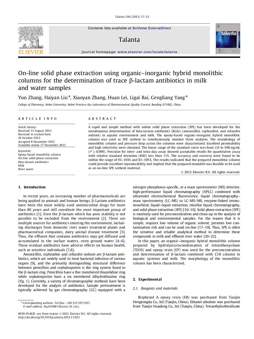 On-line solid phase extraction using organic-inorganic hybrid monolithic columns for the determination of trace Î²-lactam antibiotics in milk and water samples