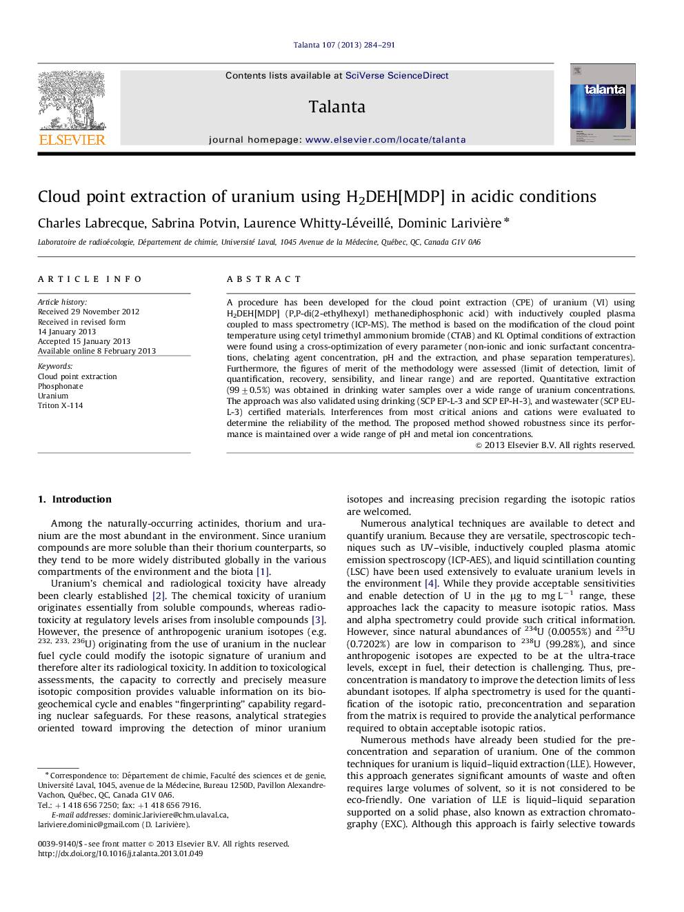 Cloud point extraction of uranium using H2DEH[MDP] in acidic conditions