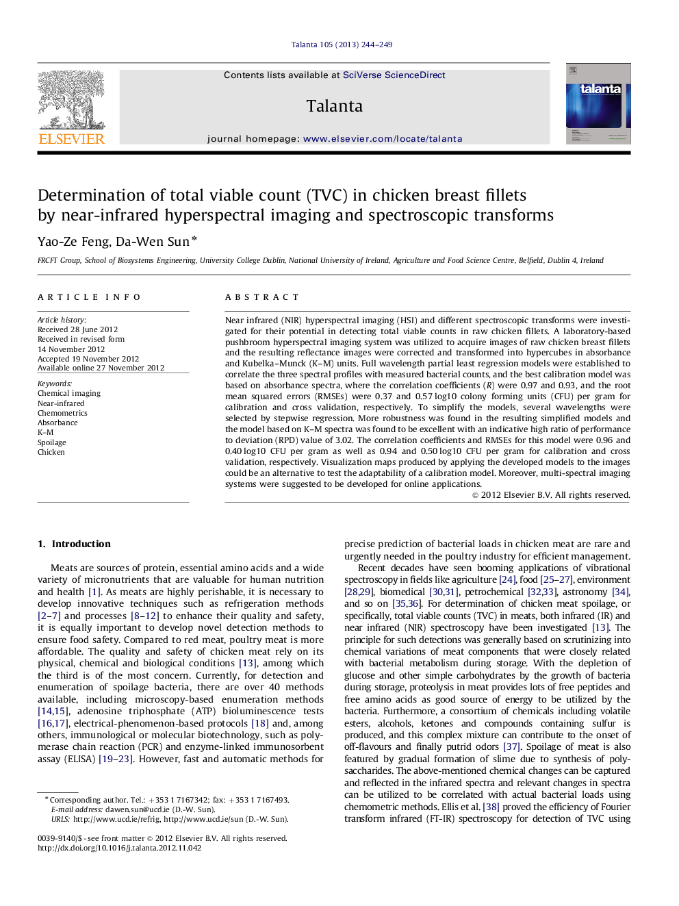 Determination of total viable count (TVC) in chicken breast fillets by near-infrared hyperspectral imaging and spectroscopic transforms