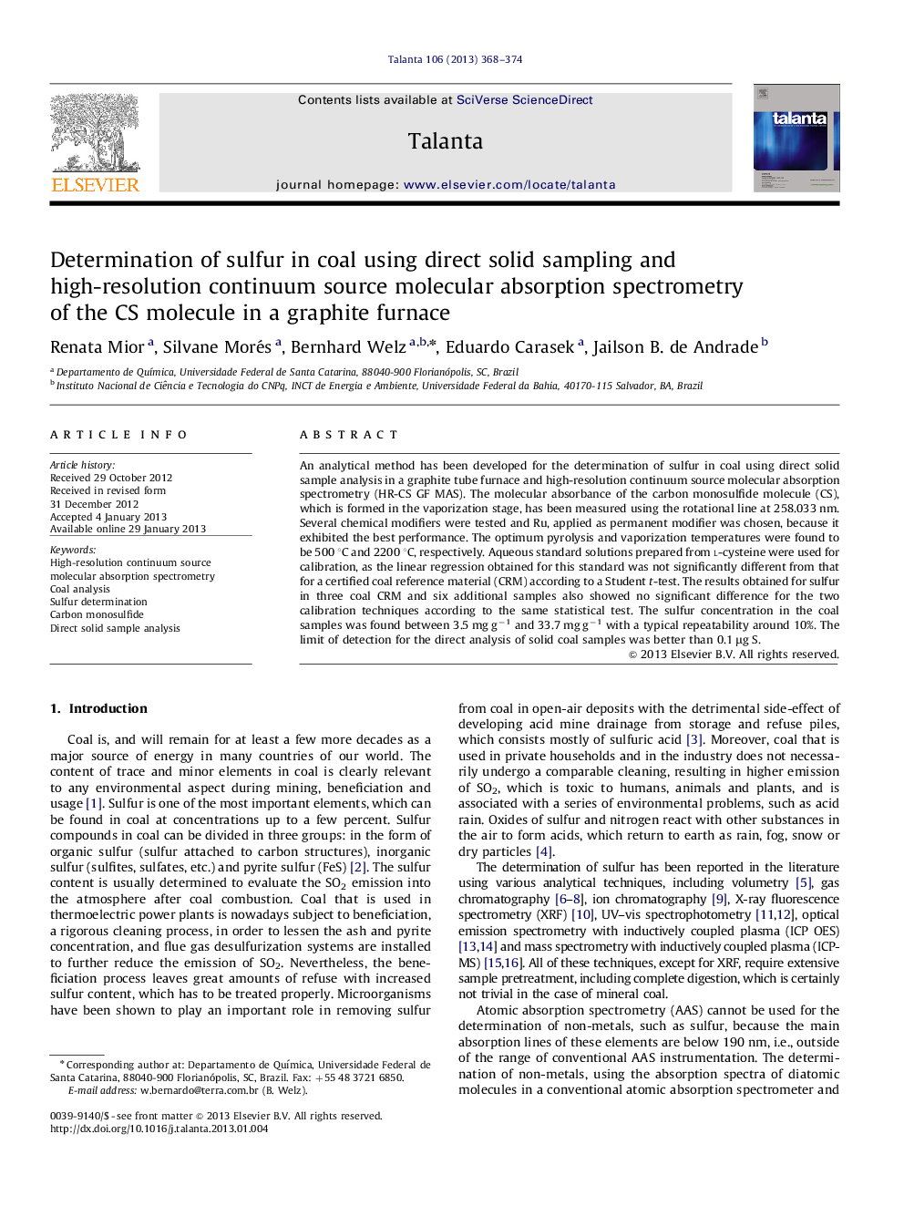 Determination of sulfur in coal using direct solid sampling and high-resolution continuum source molecular absorption spectrometry of the CS molecule in a graphite furnace