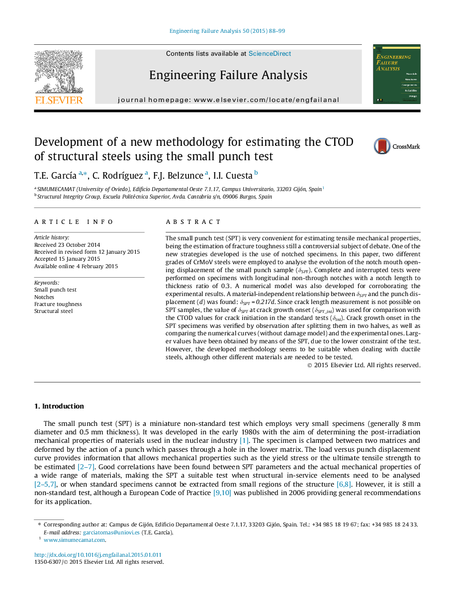 Development of a new methodology for estimating the CTOD of structural steels using the small punch test