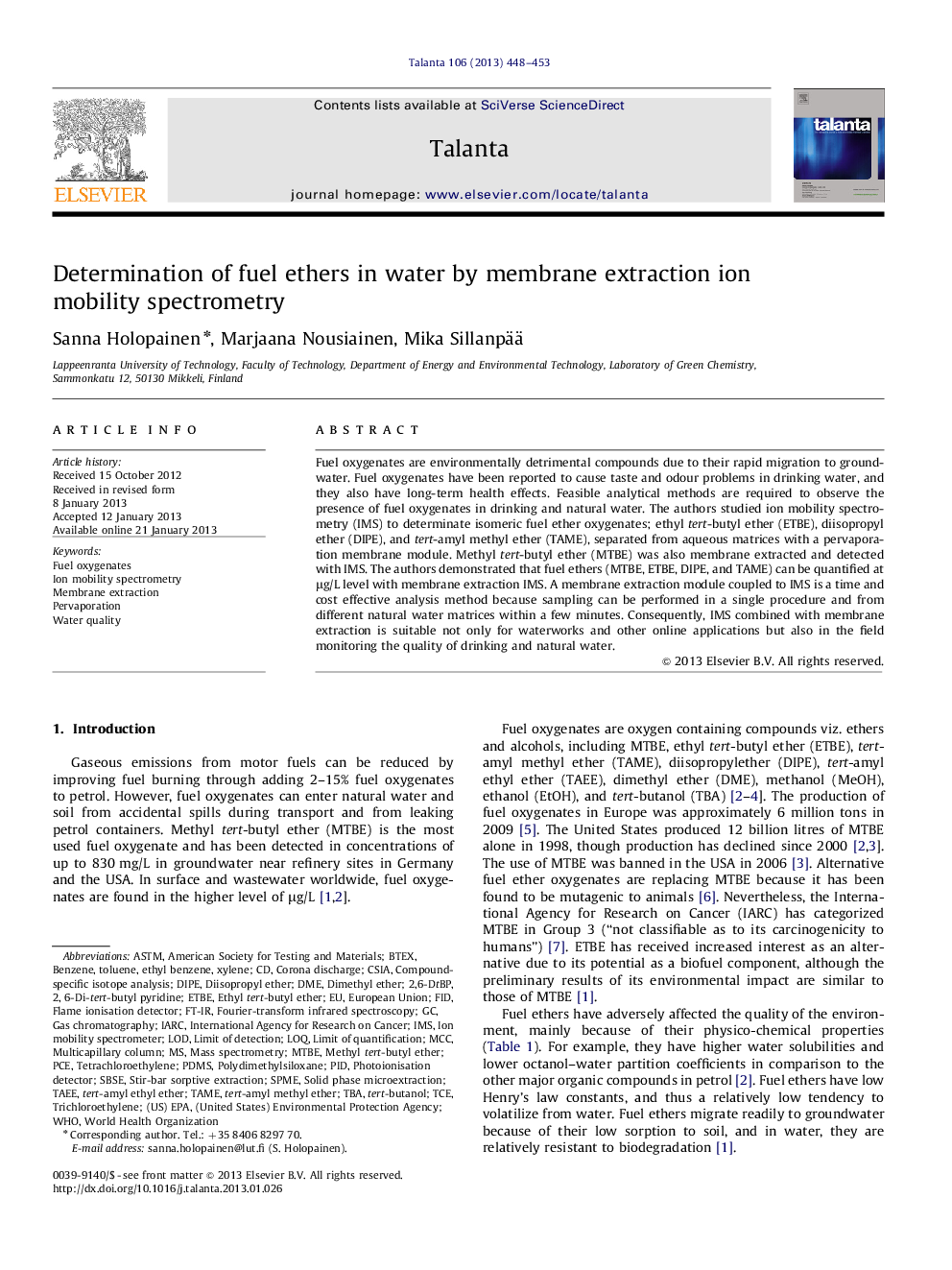 Determination of fuel ethers in water by membrane extraction ion mobility spectrometry