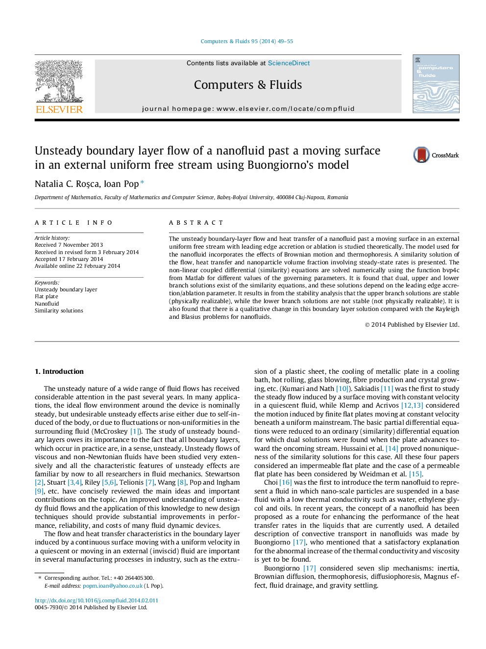 Unsteady boundary layer flow of a nanofluid past a moving surface in an external uniform free stream using Buongiorno’s model