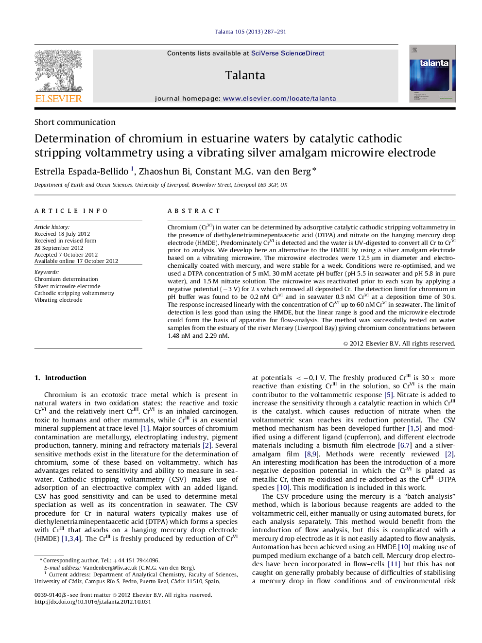 تعیین کروم در آبهای استوآرآب با استفاده از یک ولتامتری سدی کاتدی با استفاده از الکترود میکروویو آمالگام نقره 