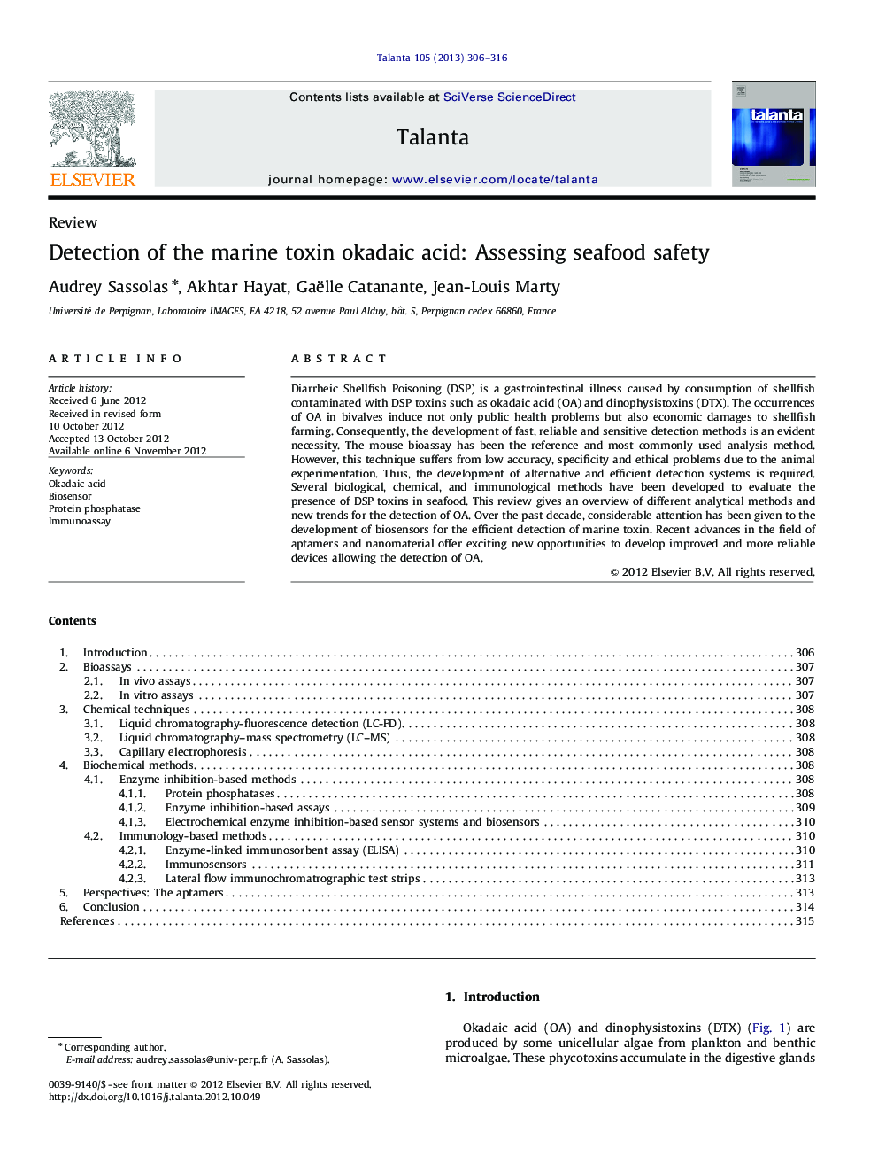 Detection of the marine toxin okadaic acid: Assessing seafood safety