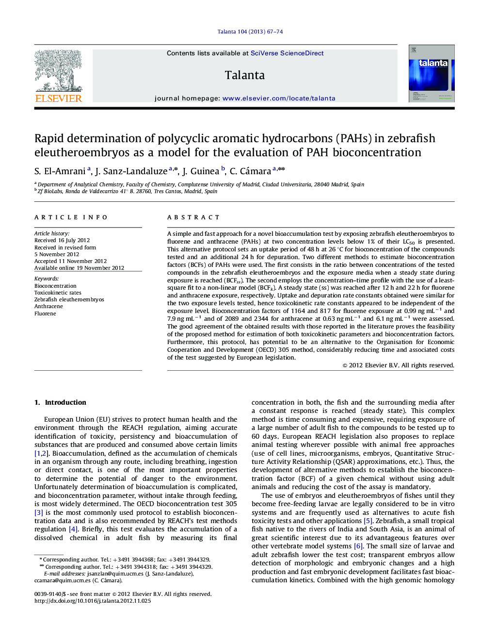 Rapid determination of polycyclic aromatic hydrocarbons (PAHs) in zebrafish eleutheroembryos as a model for the evaluation of PAH bioconcentration