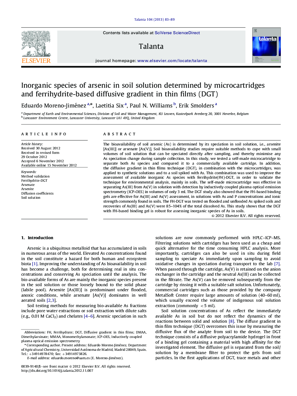 Inorganic species of arsenic in soil solution determined by microcartridges and ferrihydrite-based diffusive gradient in thin films (DGT)