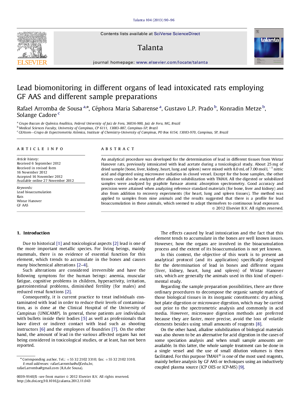 Lead biomonitoring in different organs of lead intoxicated rats employing GF AAS and different sample preparations