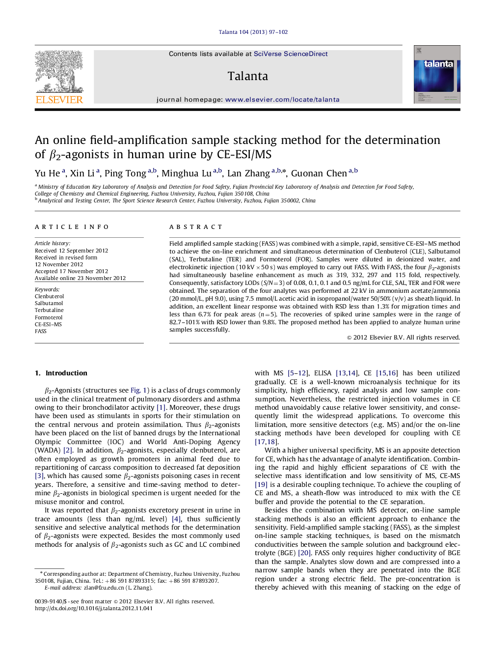 An online field-amplification sample stacking method for the determination of Î²2-agonists in human urine by CE-ESI/MS